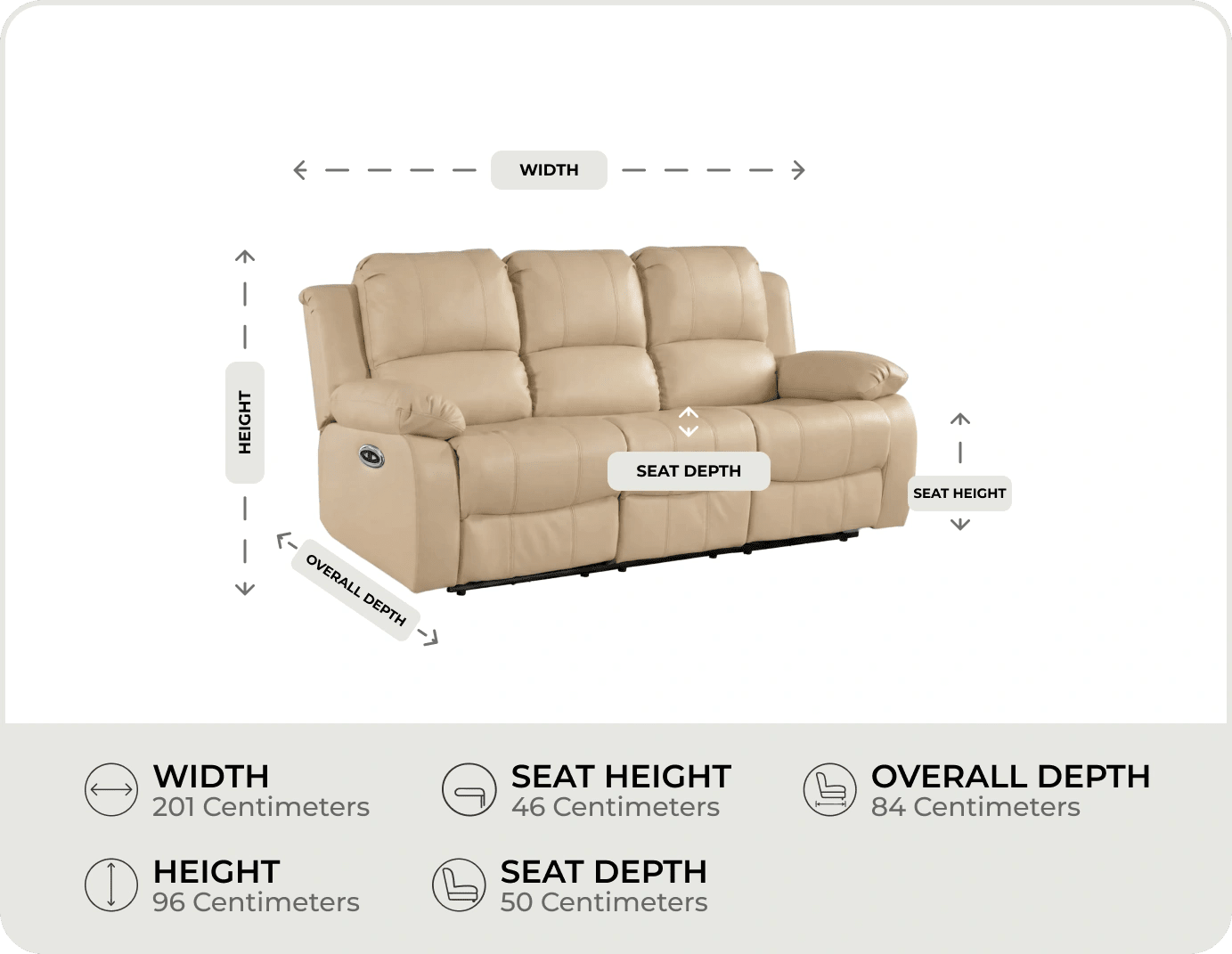 York Cream Leather Electric Recliner 3 Seater Sofa measurement