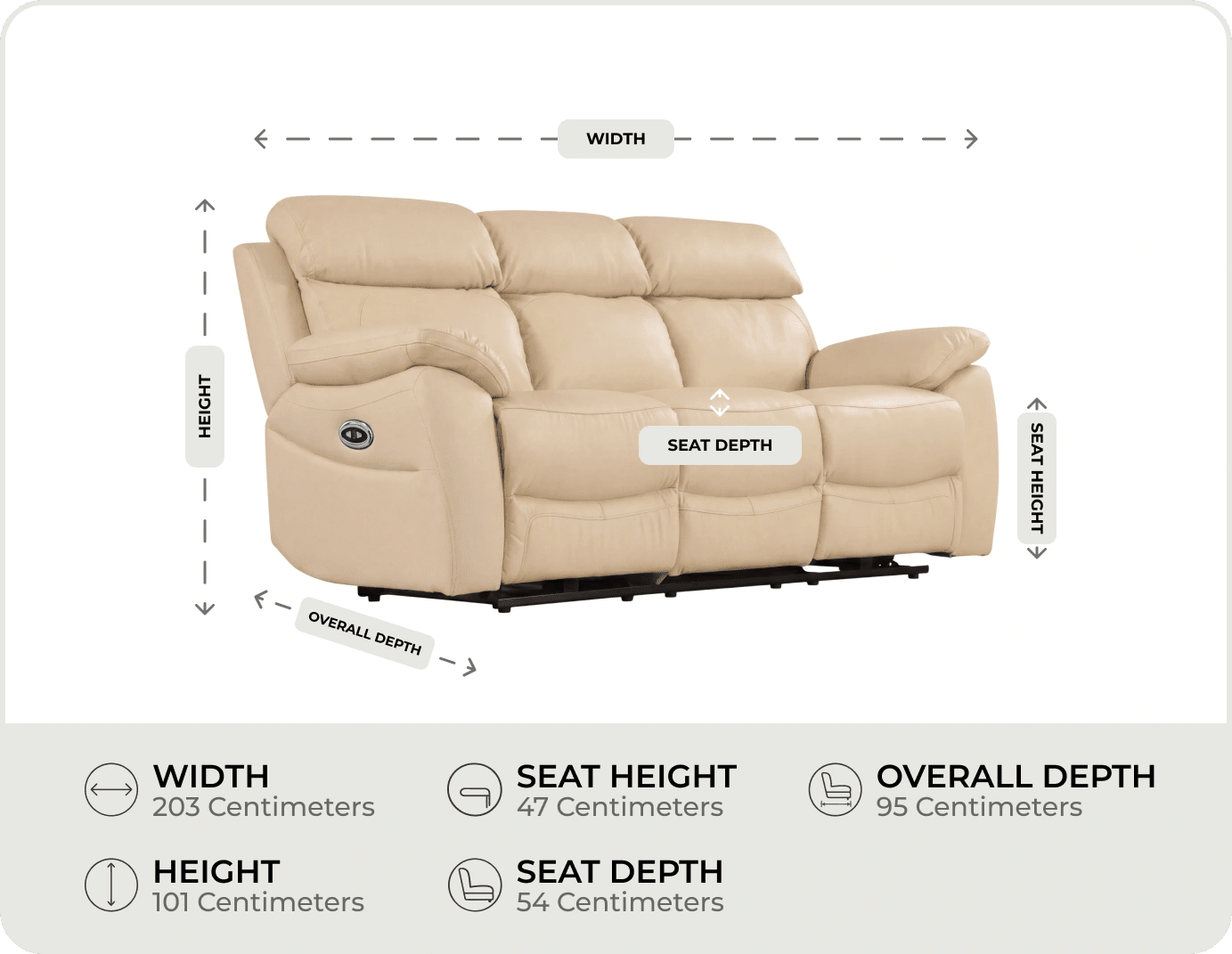 Torino Genuine Leather Cream Electric Power Recliner 3 Seater Sofa measurements