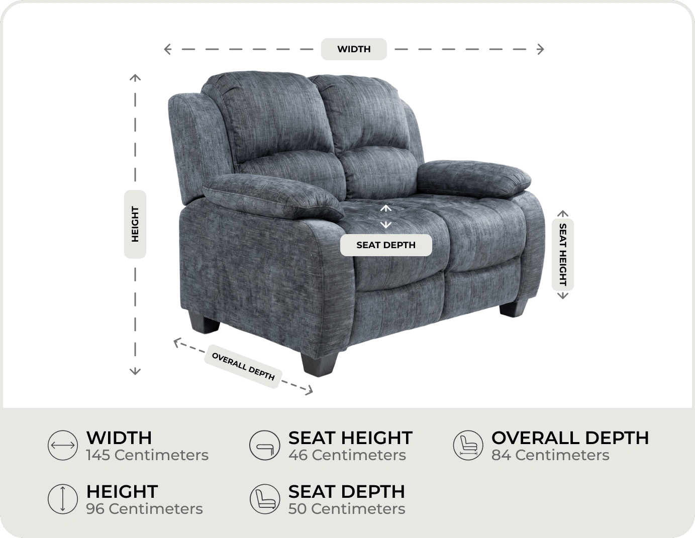 Veloura Roxy Grey Fabric 2 Seater Sofa measurement