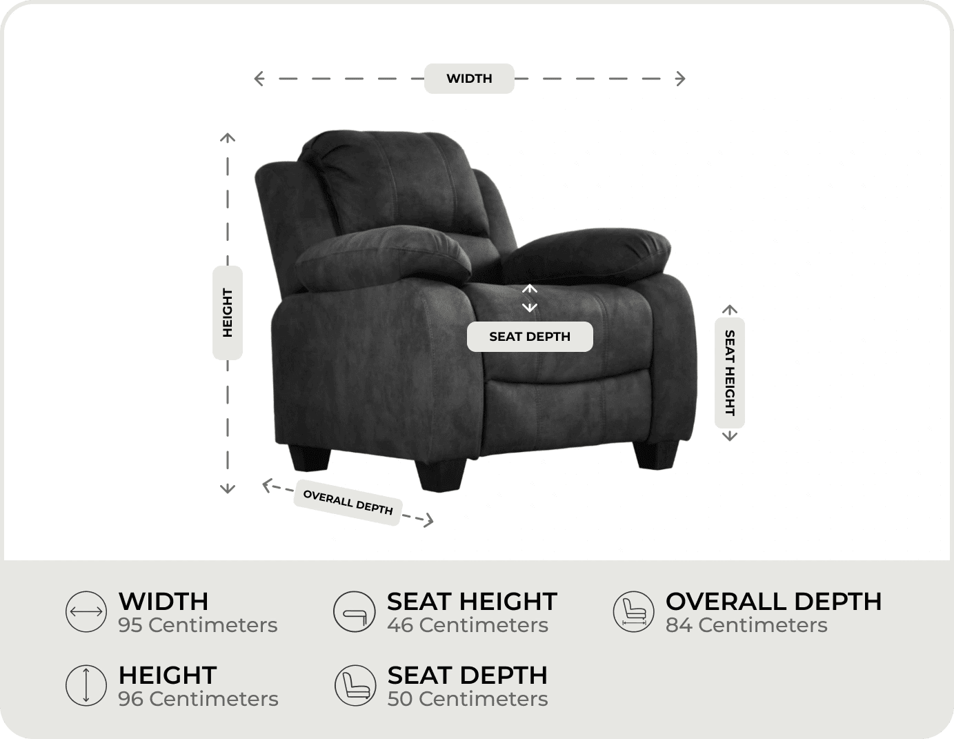 Veloura Charcoal Fabric Armchair measurement