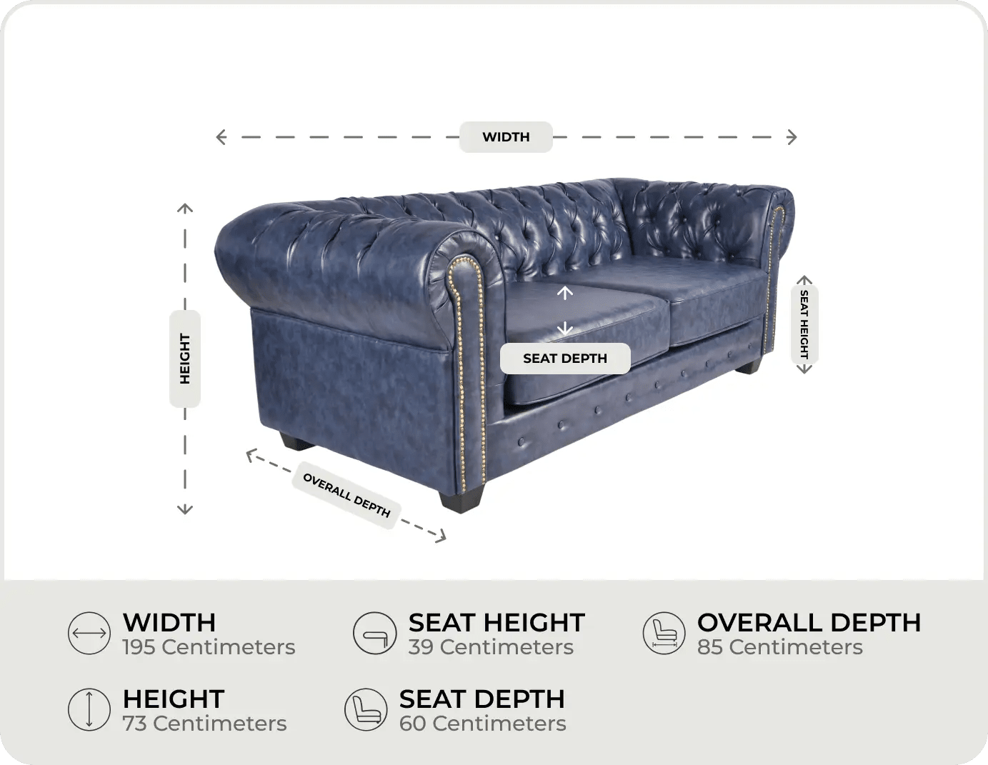 Chesterfield Blue Leather Antique 3 Seater Sofa - measurements