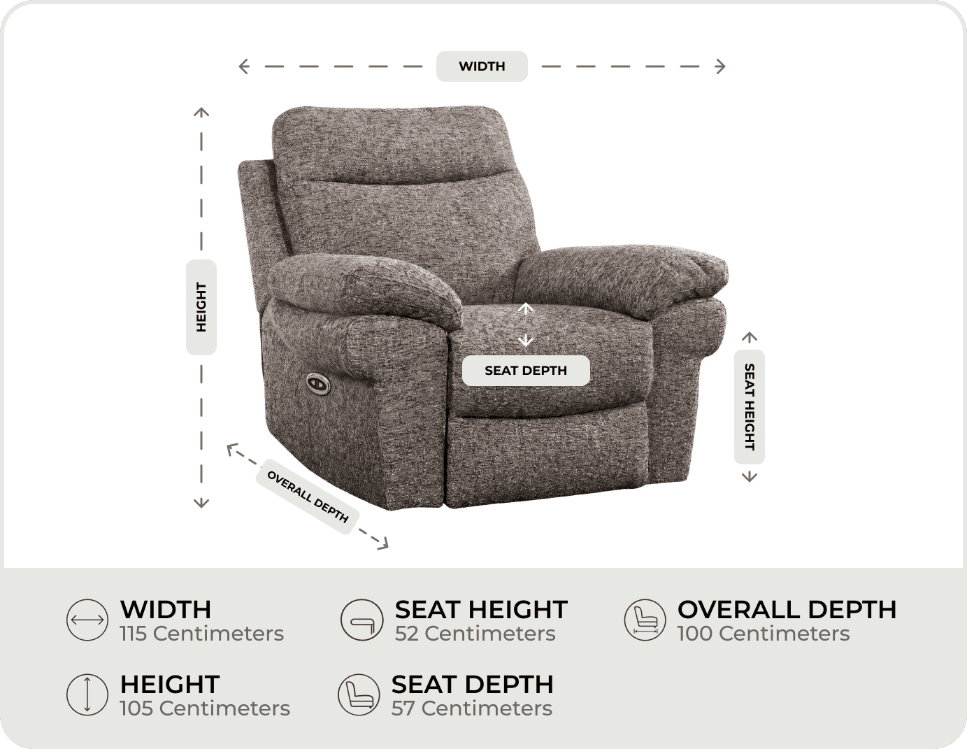 Lunaro Brown Fabric Electric Recliner Armchair measurements