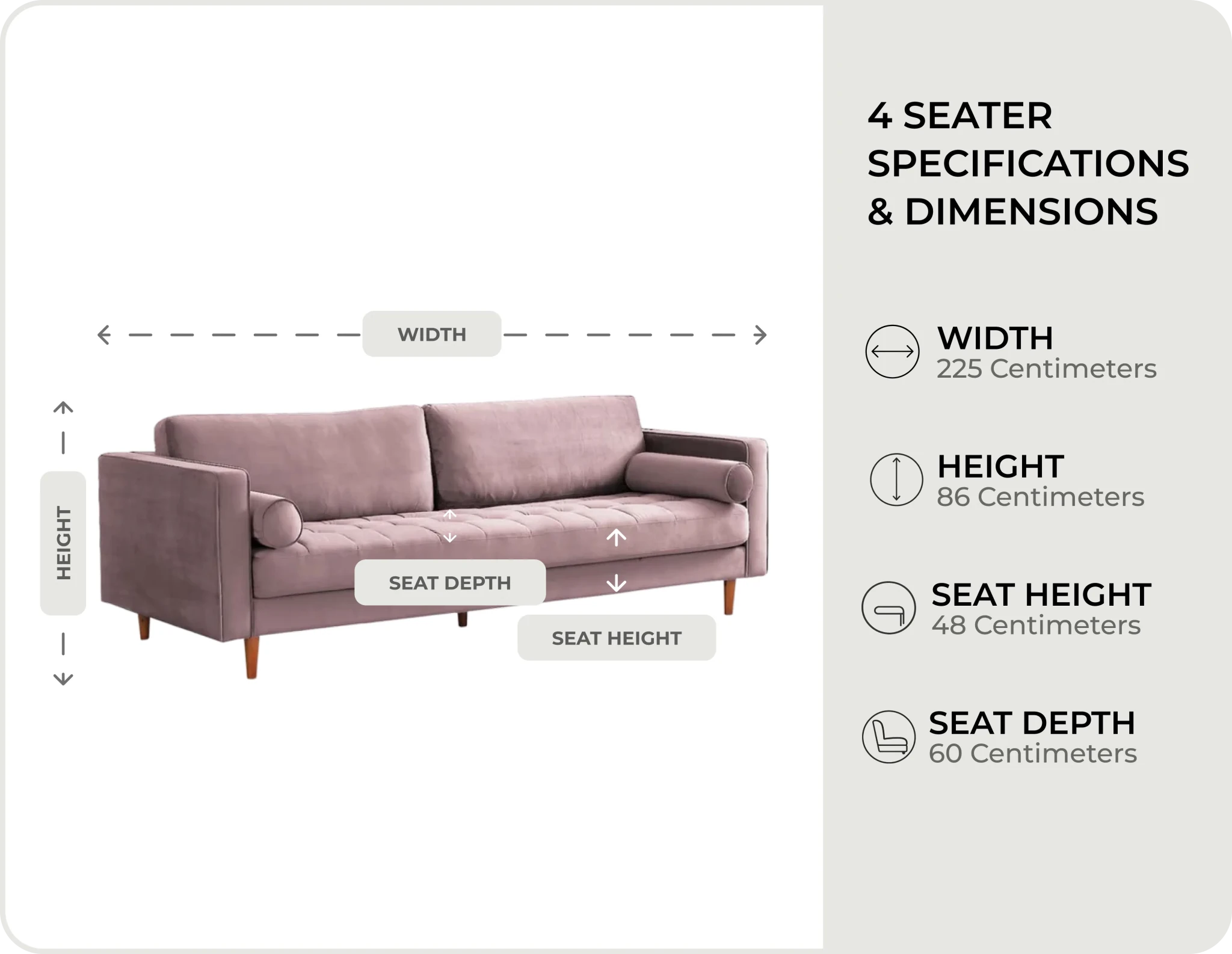 Scott Dusty Rose Velvet 4 Seater Sofa measurement