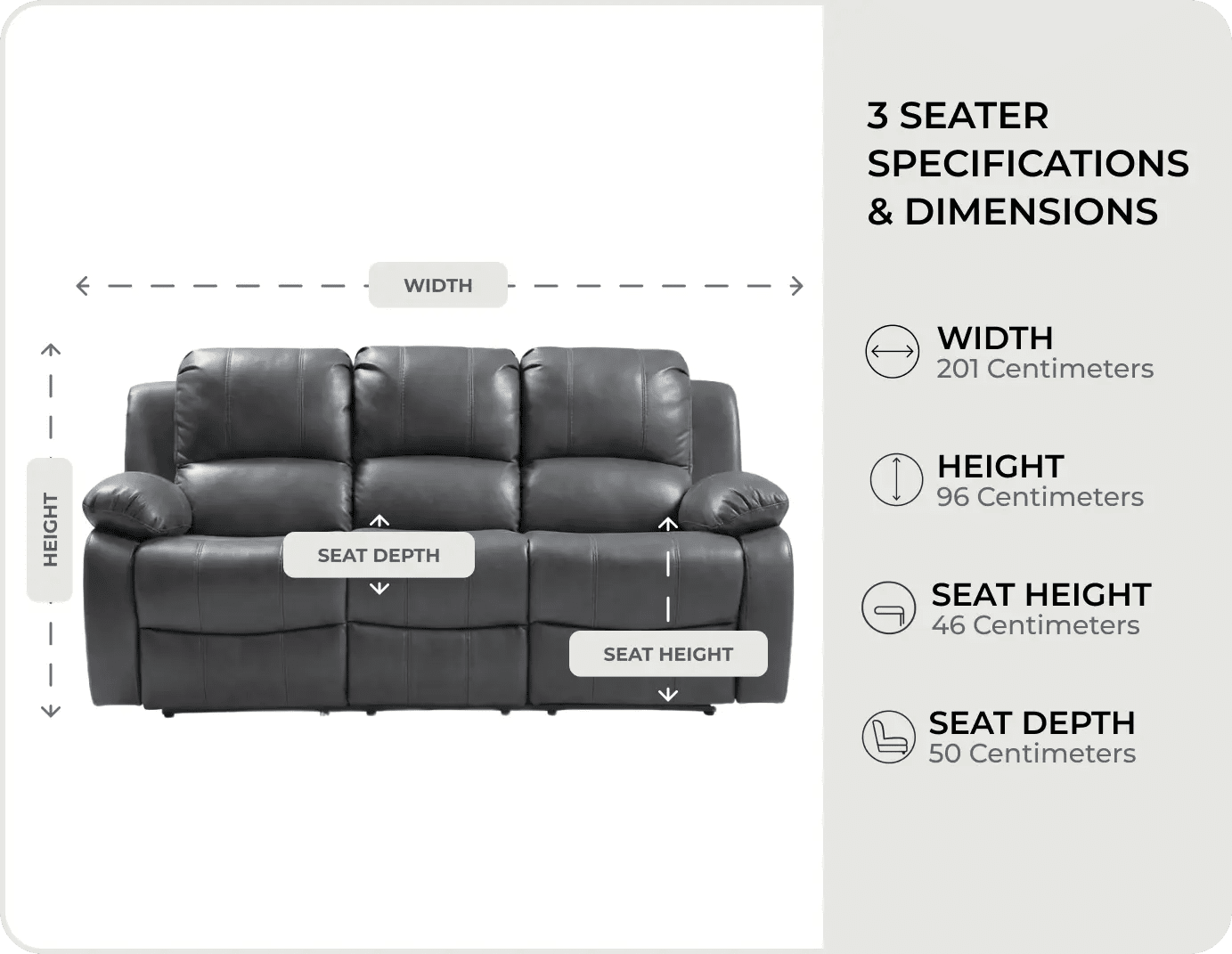 York Grey Leather 3 Seater Manual Recliner Sofa