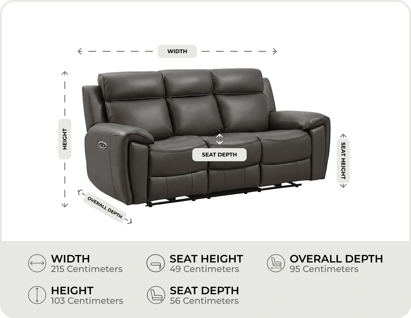Leo Genuine Leather Grey Electric Power Recliner 3 Seater Sofa measurements