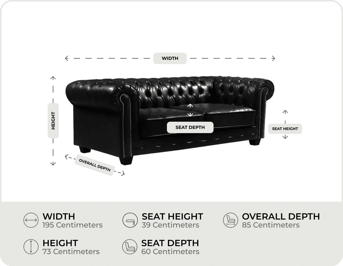 Chesterfield Black Leather Antique 3 Seater Sofa measurement