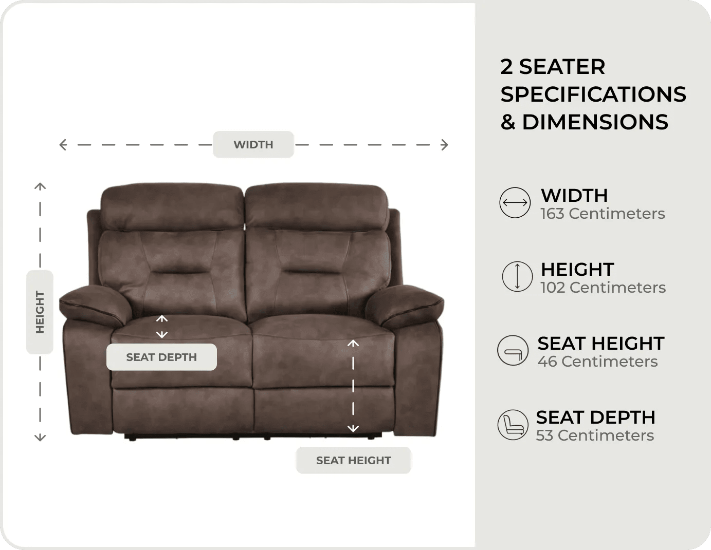 Foster Brown Fabric Electric Recliner 2 Seater Sofa measurements