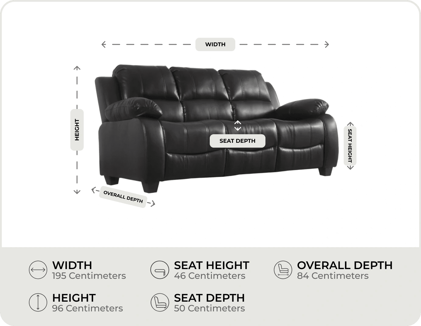 Veloura Black Leather 3 Seater Sofa measurement