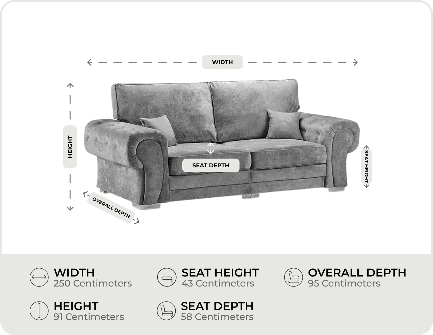 Florence High Back Grey Fabric 4 Seater Sofa measuremens