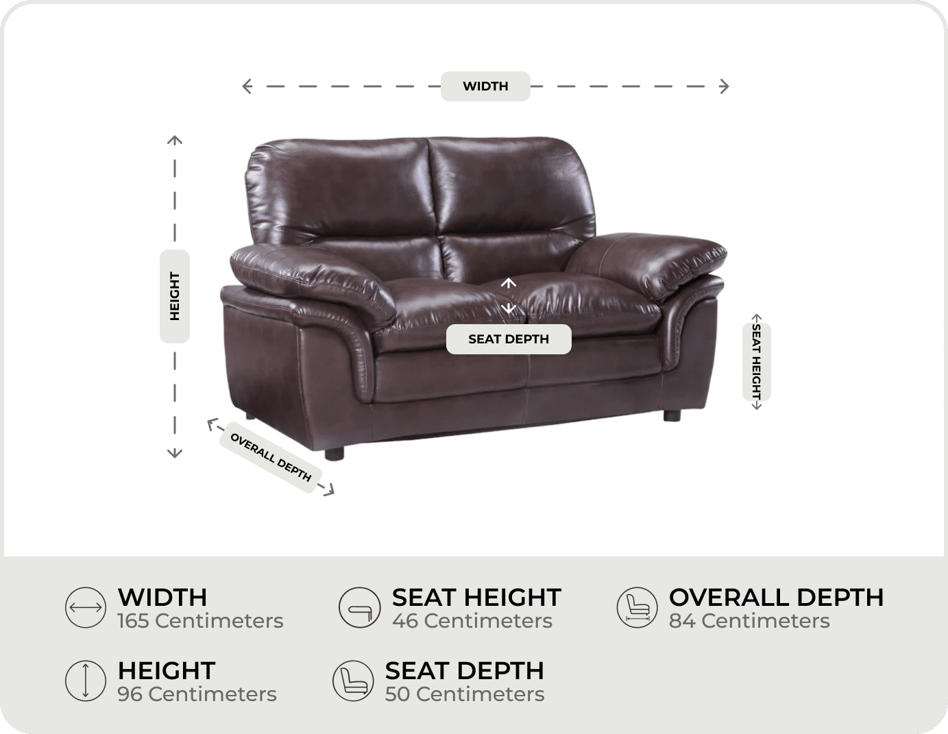 Florence Brown Leather 2 Seater Sofa measurement