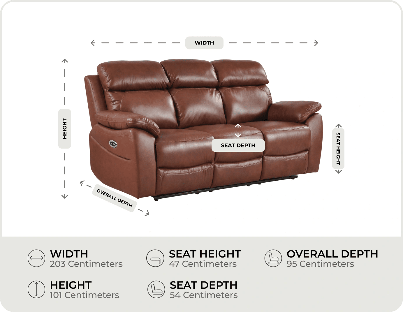 Torino Genuine Leather Tan Electric Power Recliner 3 Seater Sofa measurements