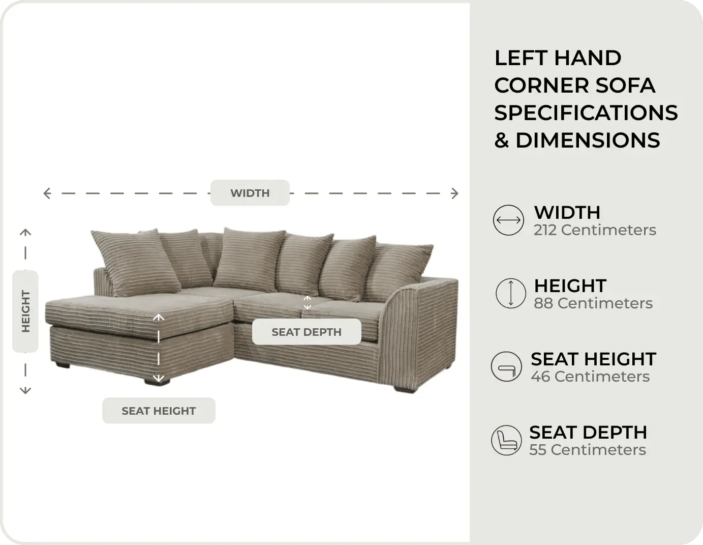 Oxford Caramel Fabric Left Hand Corner Sofa measurements