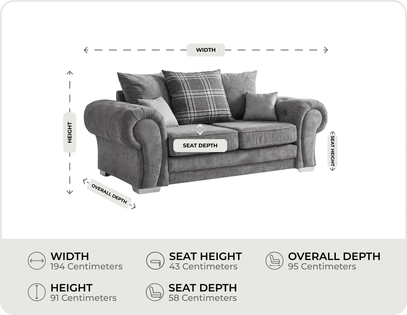 Florence Scatter Grey Fabric 3 Seater Sofa measurements