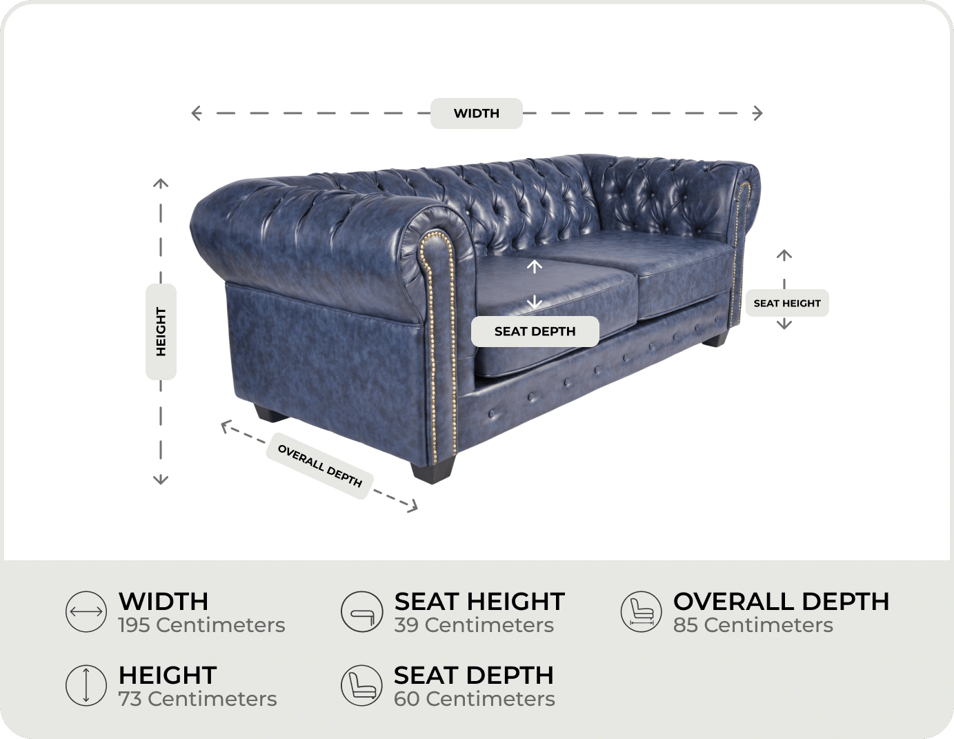 Chesterfield Blue Leather Antique 3 Seater Sofa measurement
