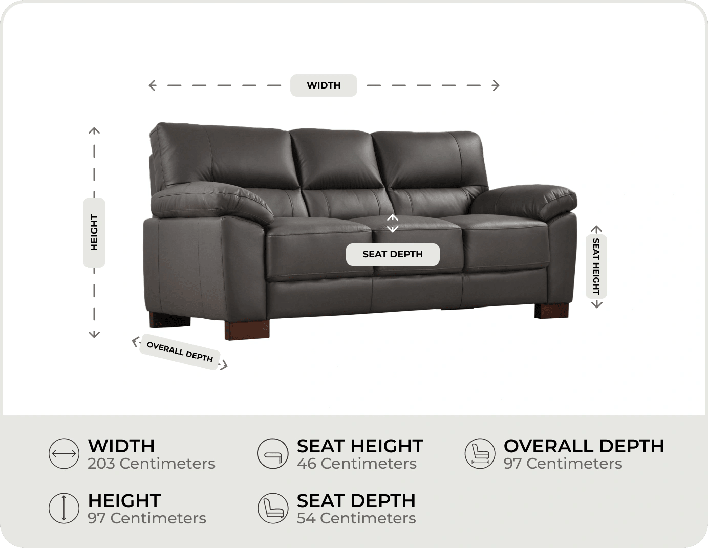 Dalmore Genuine Leather Grey 3 Seater Sofa measurement