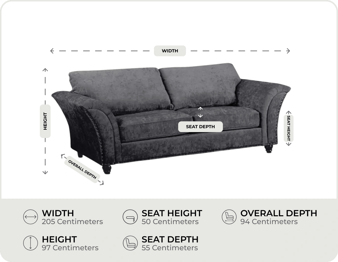 Cotswold Grey Fabric 3 Seater Sofa measurements