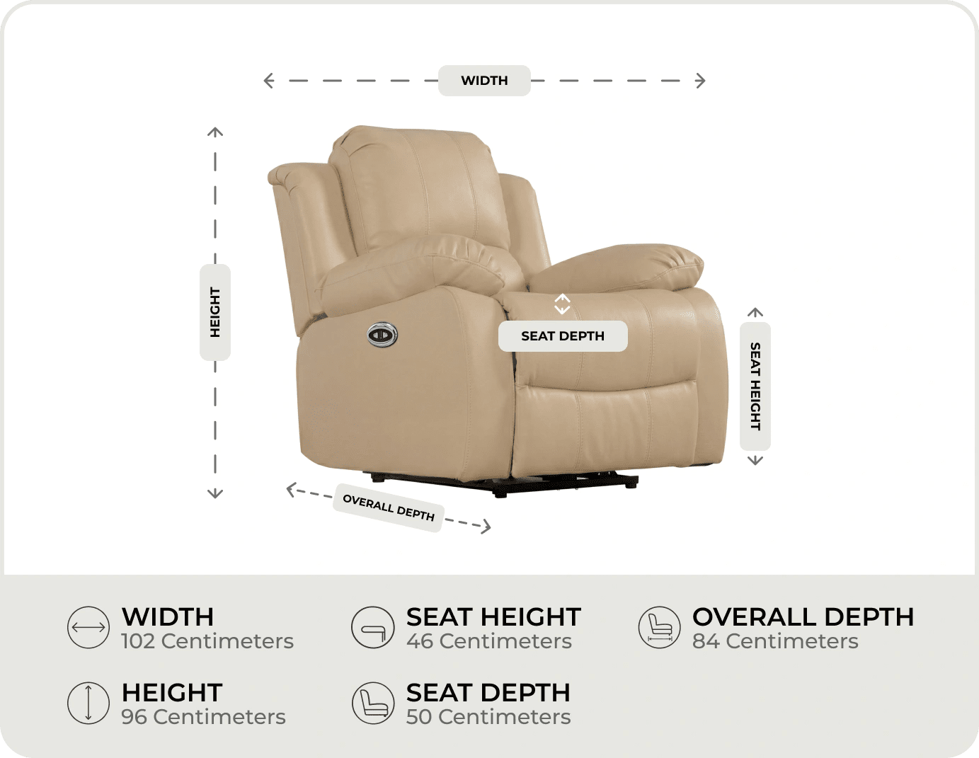 York Cream Leather Electric Recliner Chair measuremant