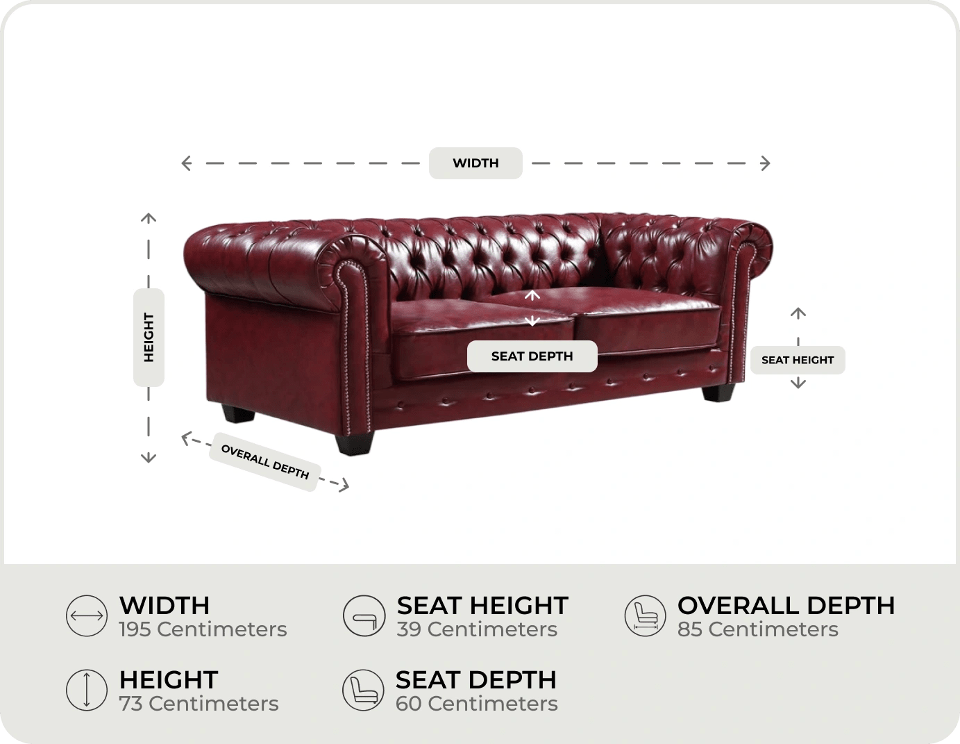 Chesterfield Red Leather Antique 3 Seater Sofa measurements