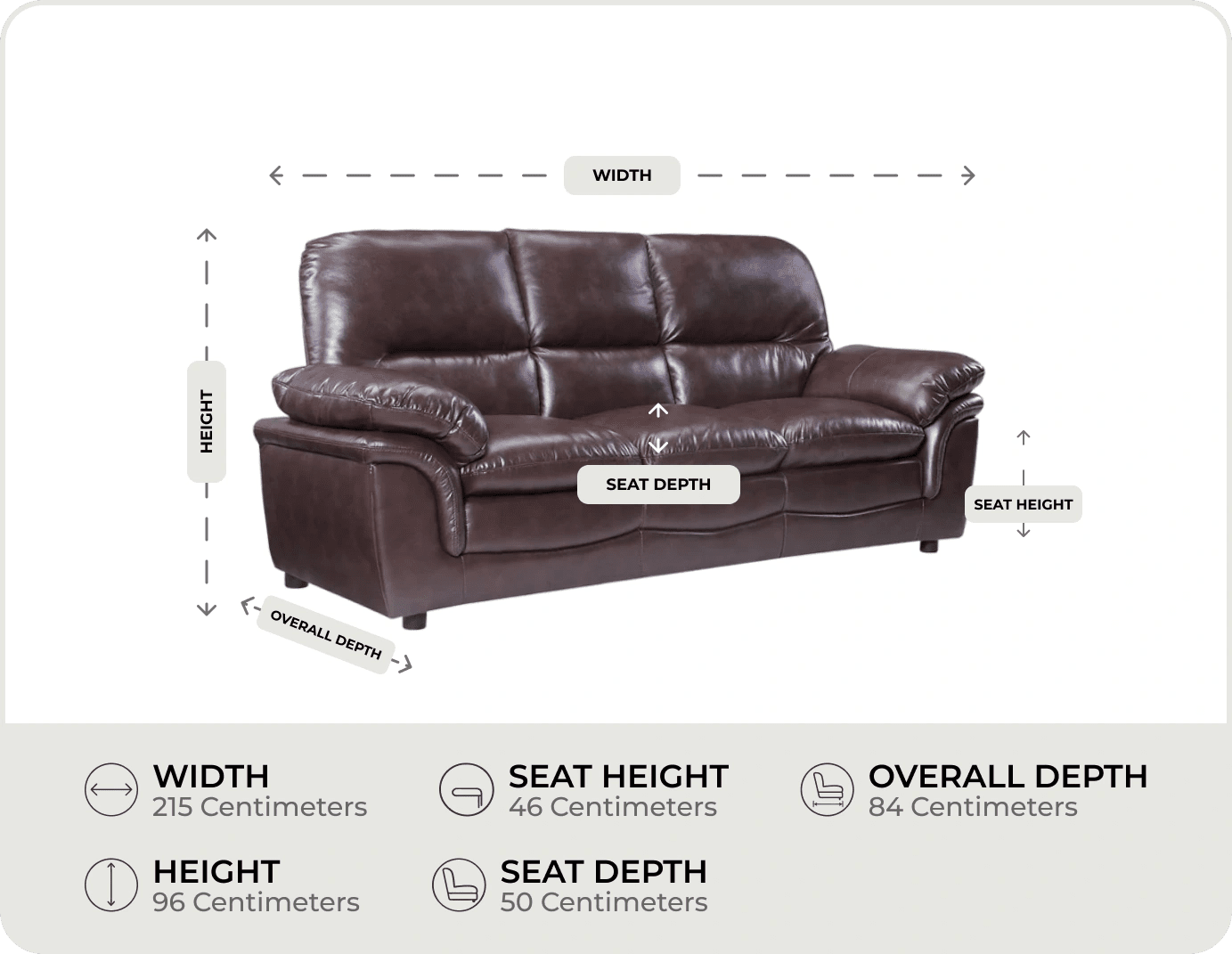 Florence Brown Leather 3 Seater Sofa measurement