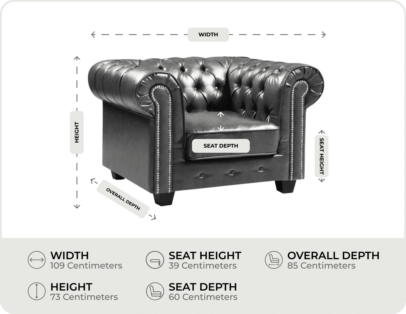 Chesterfield Grey Leather Antique Armchair measurements