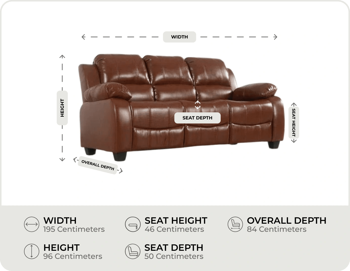 Veloura Tan Leather 3 Seater Sofa measurement