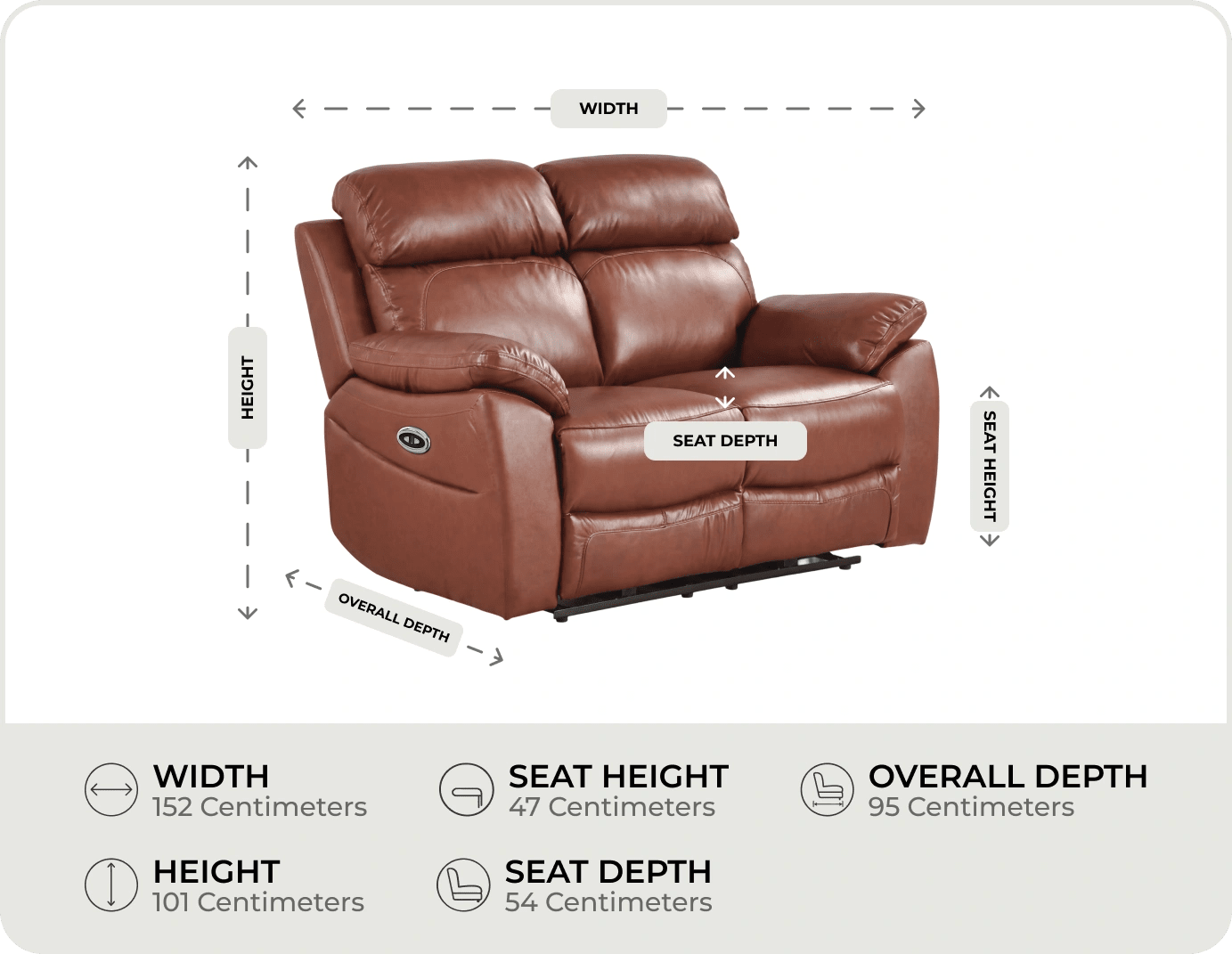 Torino Genuine Leather Tan Electric Power Recliner 2 Seater Sofa measurements