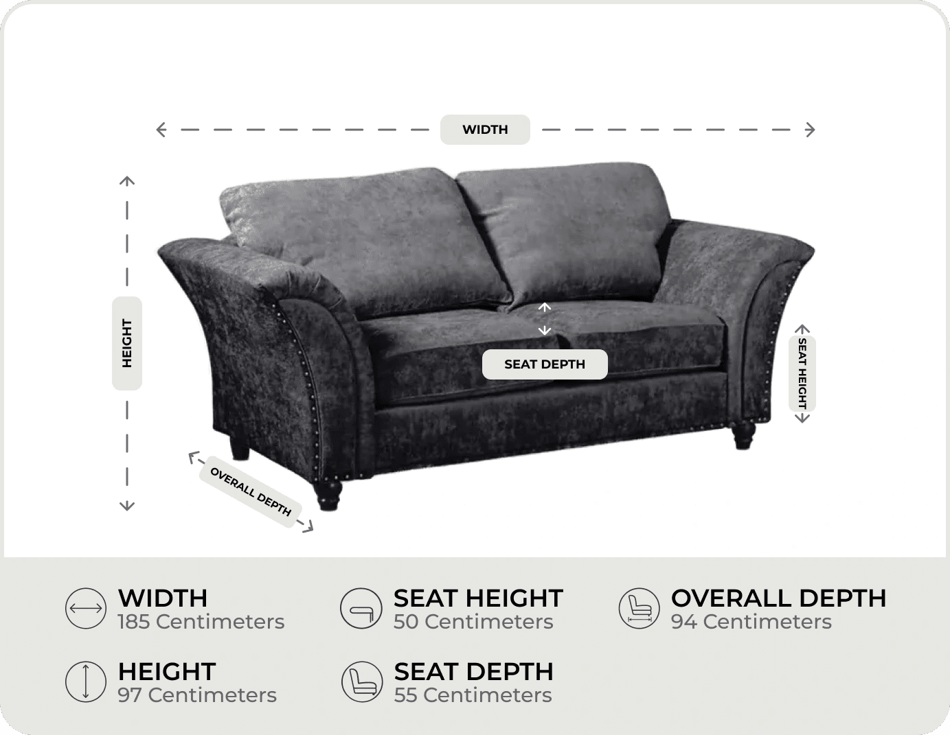 Cotswold Grey Fabric 2 Seater Sofa measurements