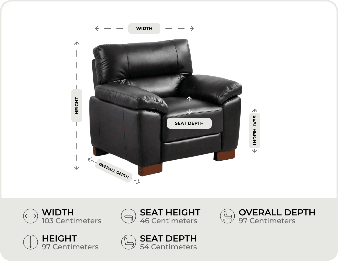 Dalmore Genuine Leather Black Armchair measurement