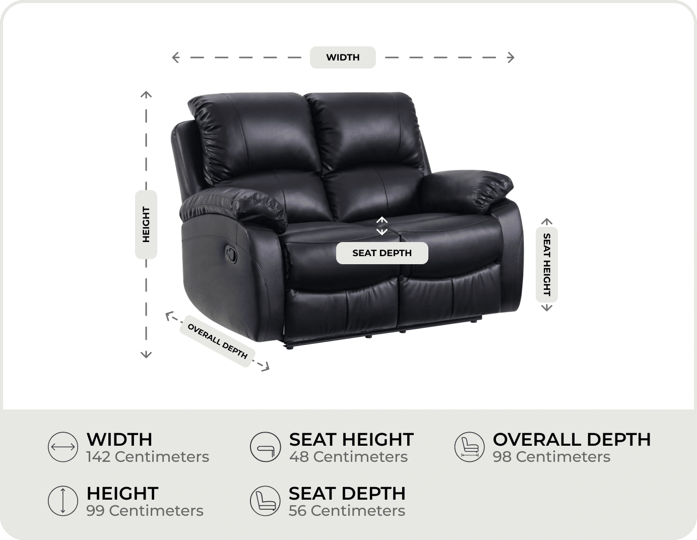 Serano Black Leather Manual Recliner 2 Seater Sofa measurements
