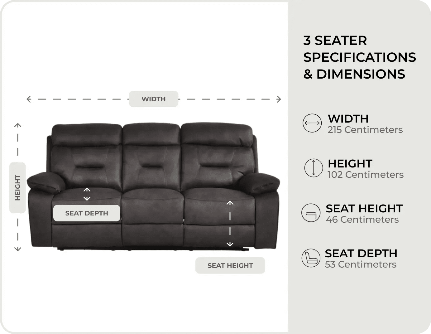Foster Dark Grey Fabric Electric Recliner 3 Seater Sofa measurements