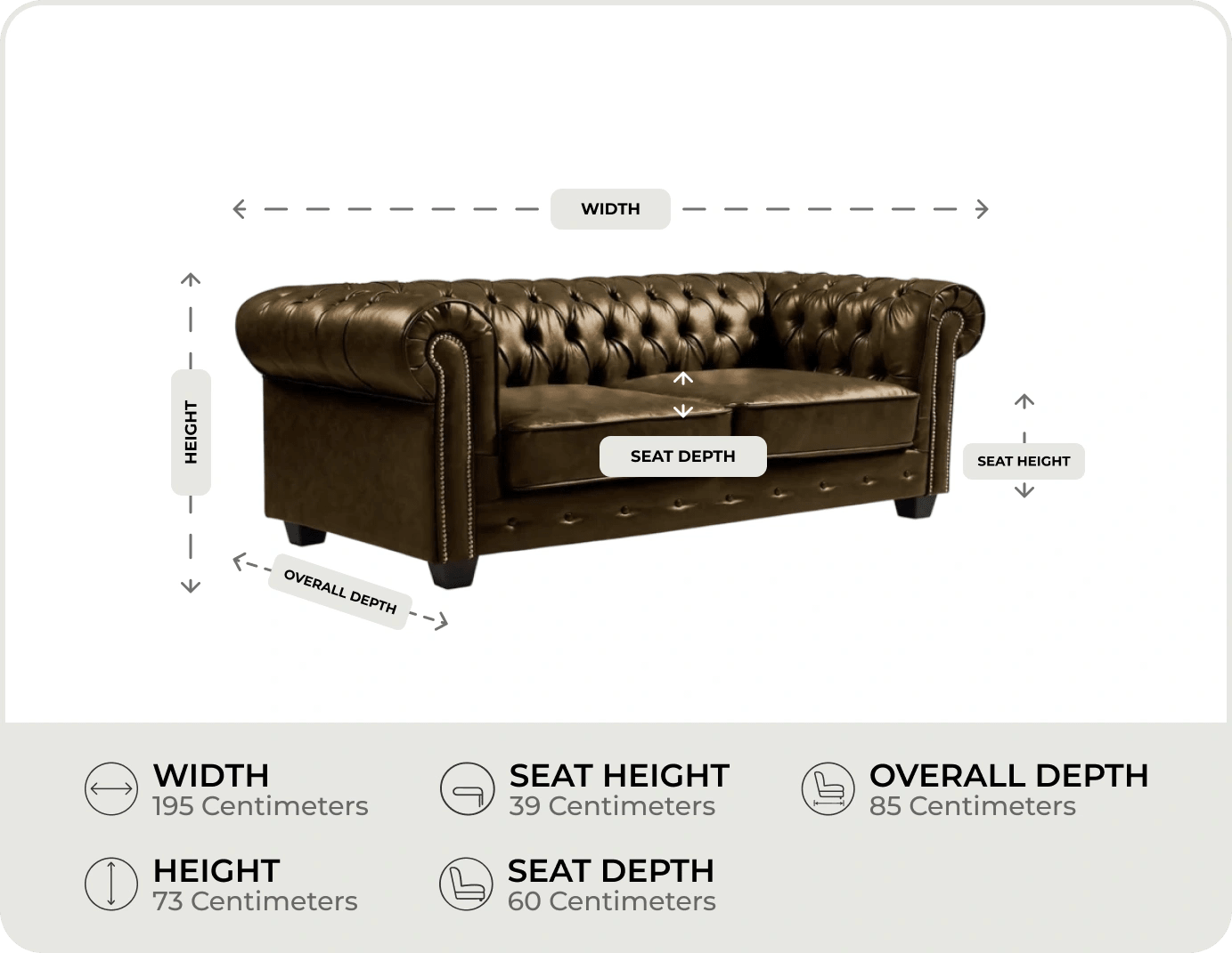 Chesterfield Brown Leather Antique 3 Seater Sofa measurement