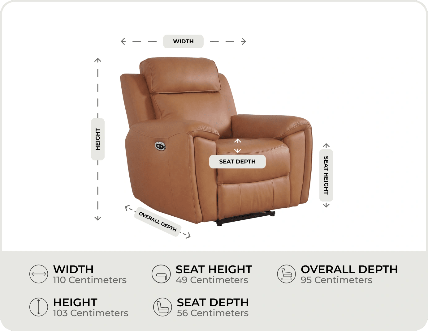 Leo Genuine Leather Caramel Armchair with Electric Power Recliner measurements