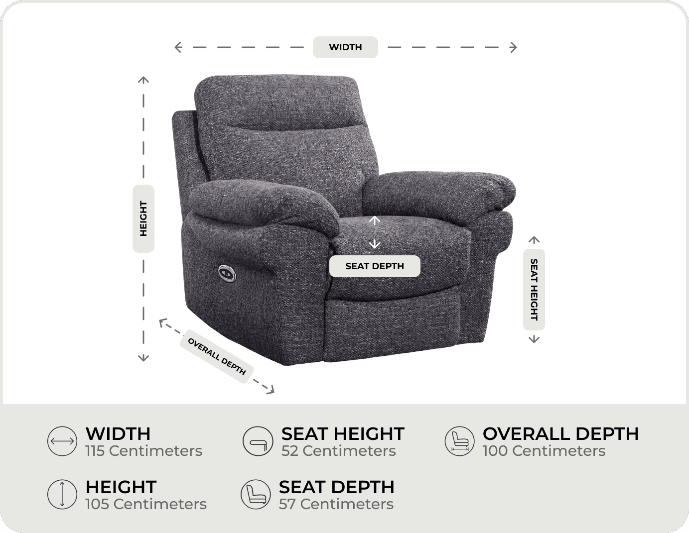 Lunaro Grey Fabric Electric Recliner Armchair measurements