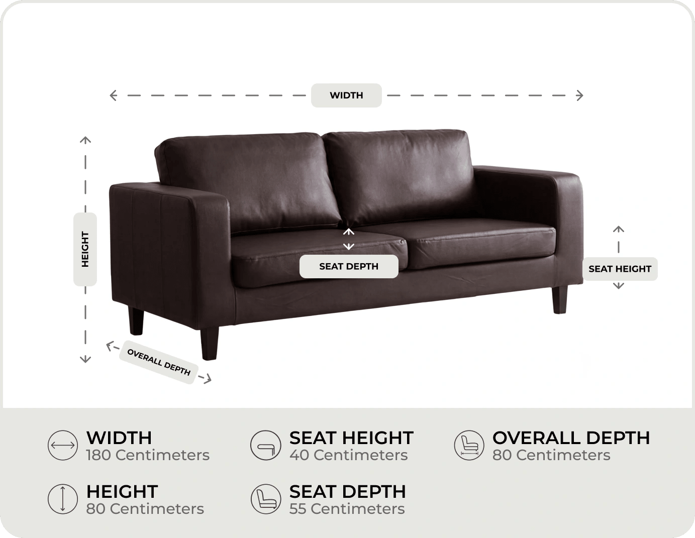 Nova Brown Leather 3 Seater Sofa measurements