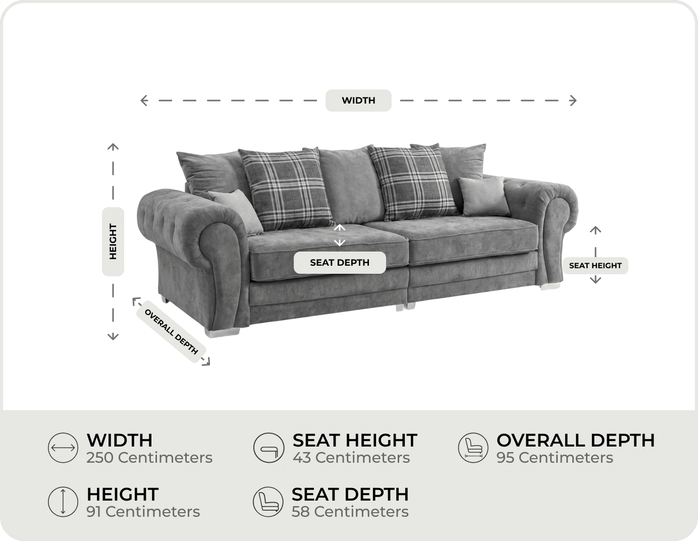 Florence Scatter Grey Fabric 4 Seater Sofa measuremens