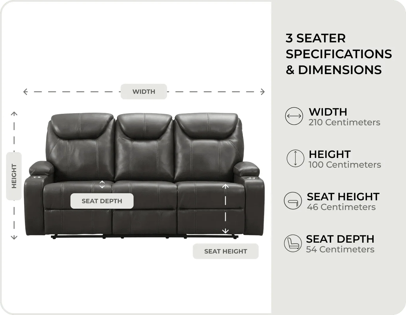 Cinemax Grey Leather Recliner 3 Seater Sofa measurements