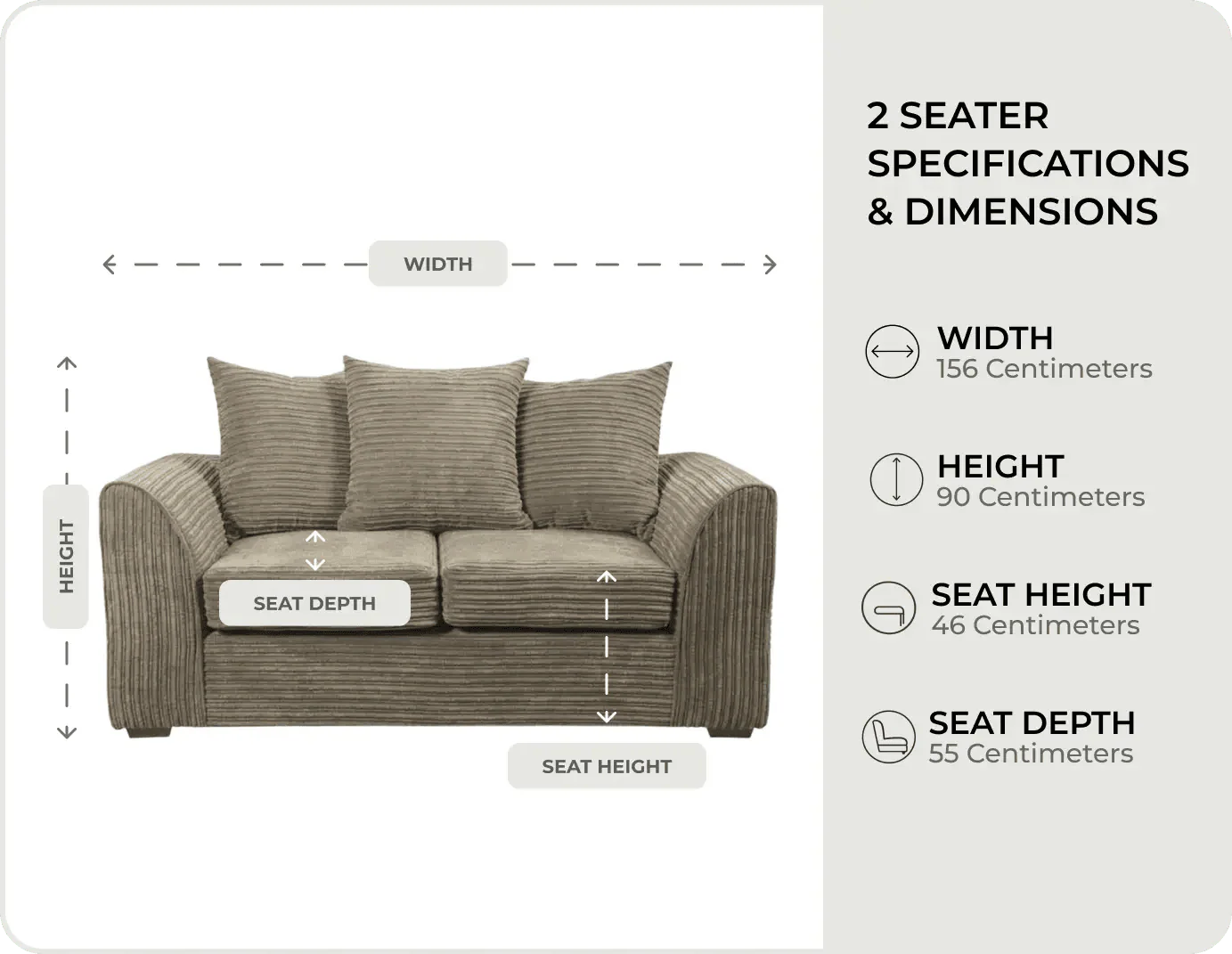 Oxford Caramel Fabric 2 Seater Sofa measurements