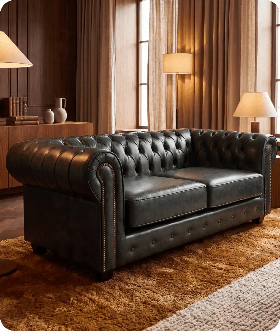 Chesterfield Green Leather Antique 3 Seater Sofa