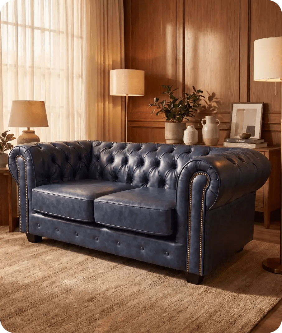 Chesterfield Blue Leather Antique 2 Seater Sofa