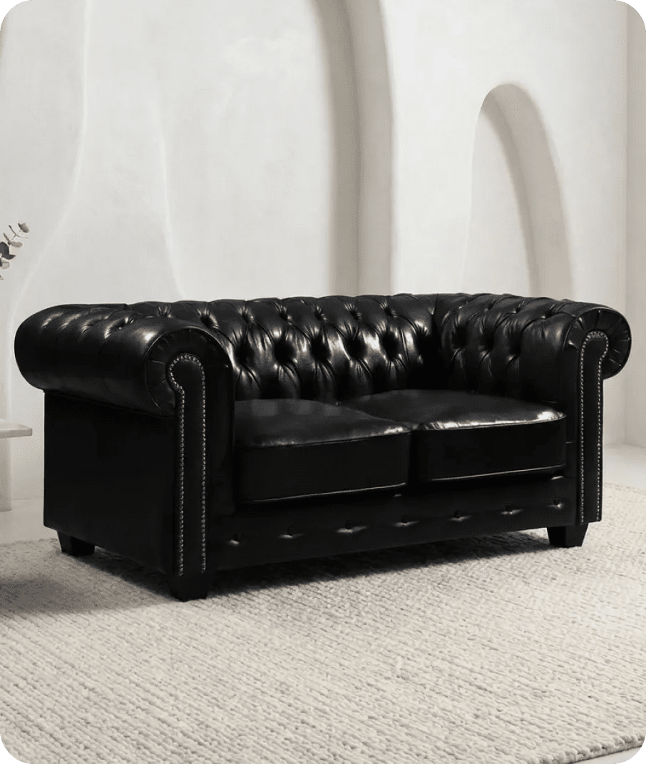 Chesterfield Black Leather Antique 2 Seater Sofa - Sofa-Direct