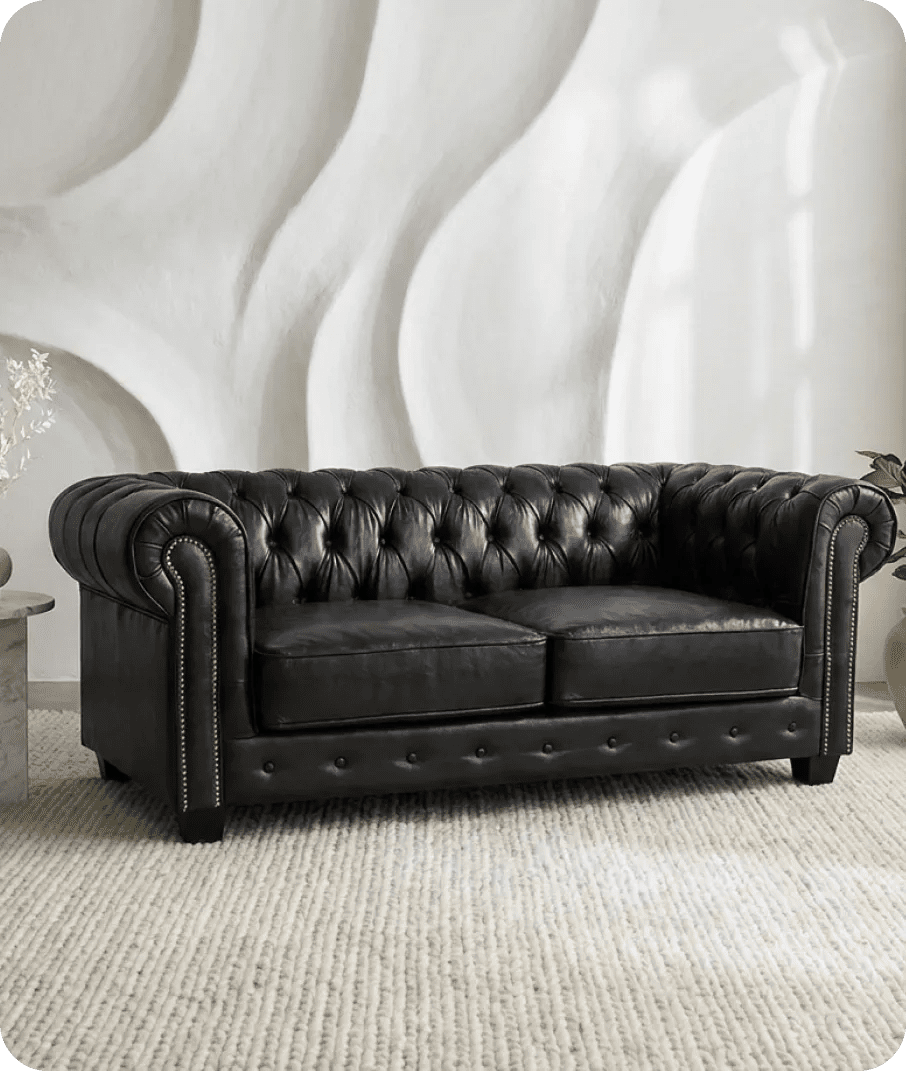 Chesterfield Black Leather Antique 3 Seater Sofa - Sofa-Direct