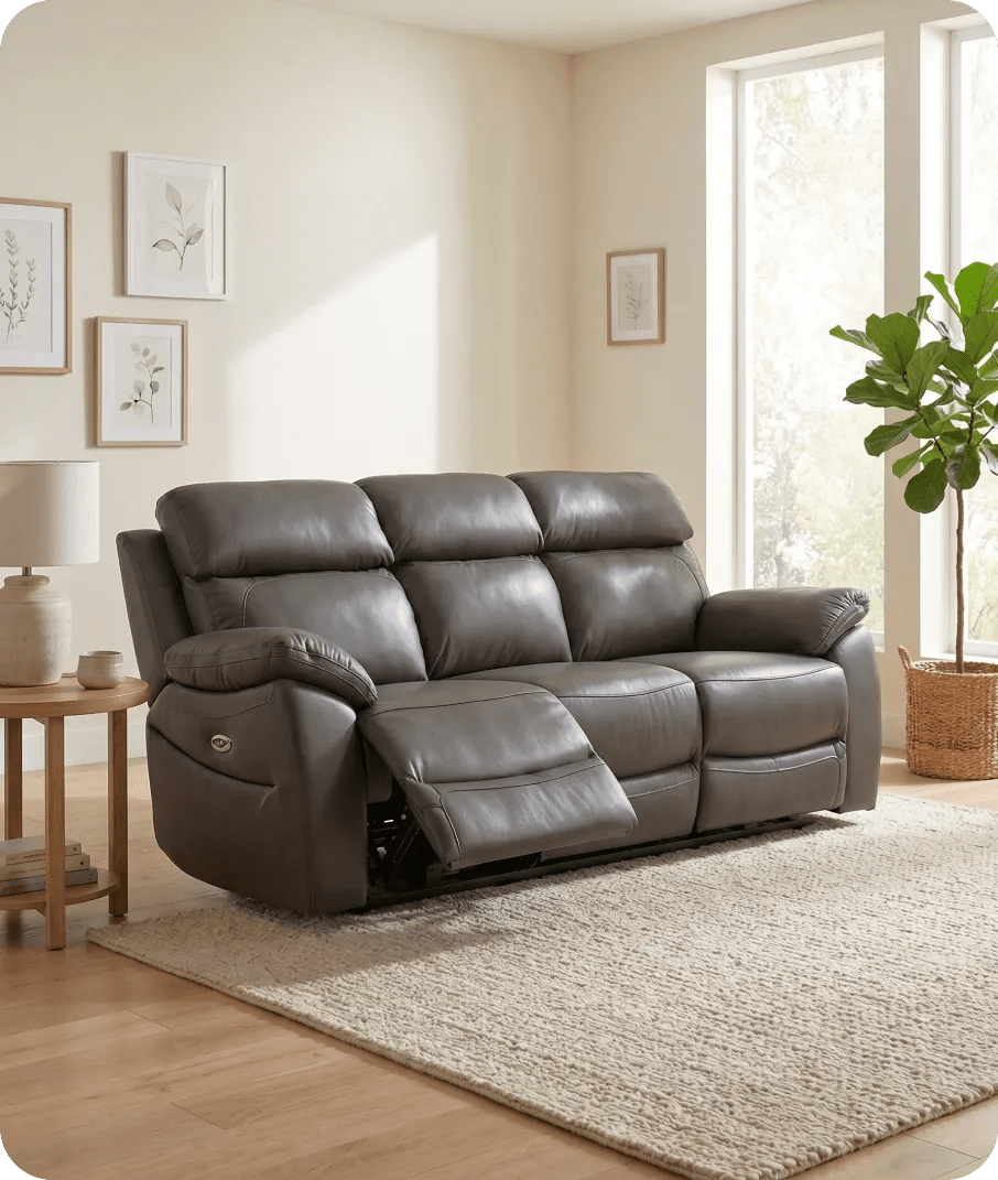 Torino Genuine Leather Grey Electric Power Recliner 3 Seater Sofa