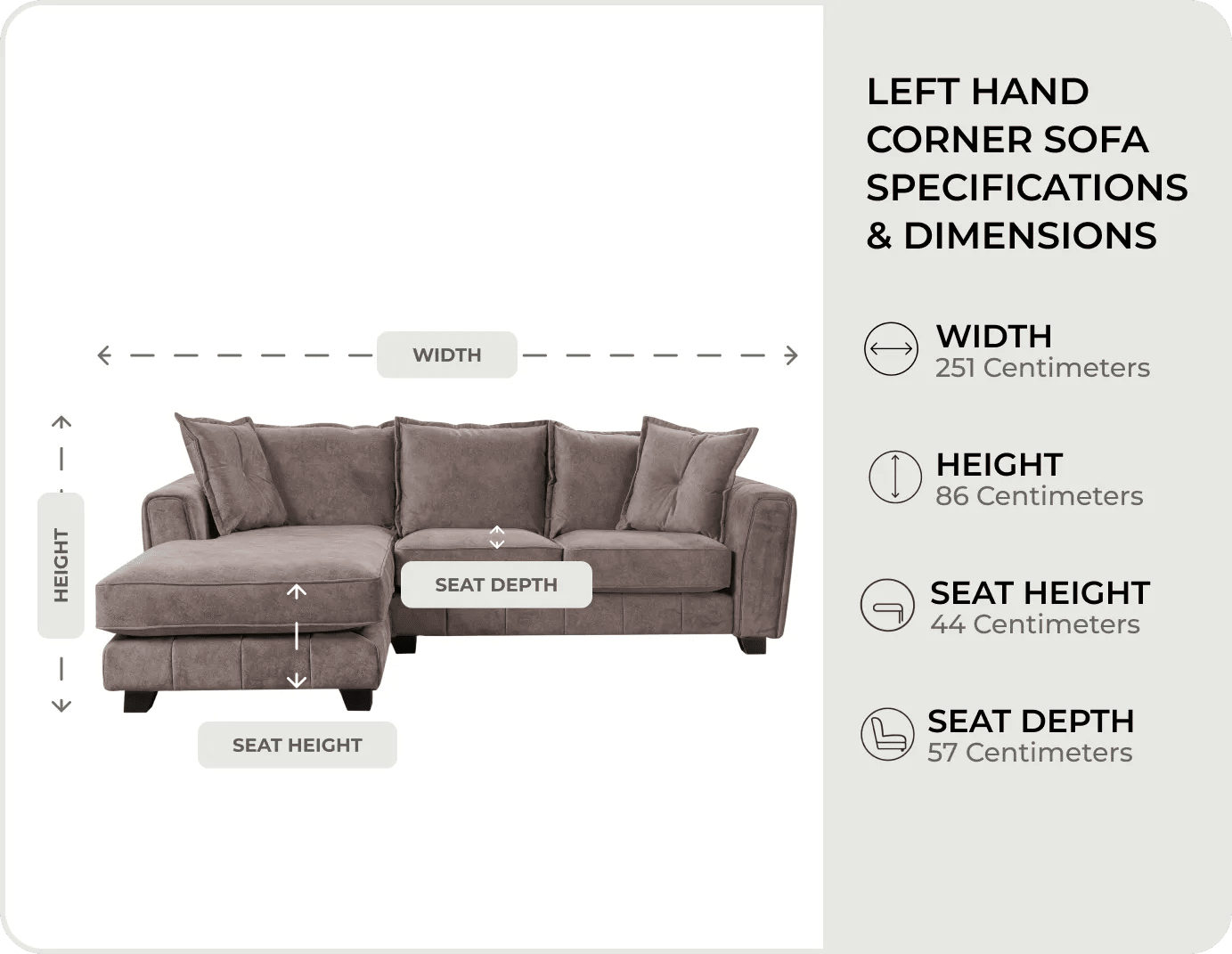 Richmond Brown Fabric Left Hand Corner Sofa measurements