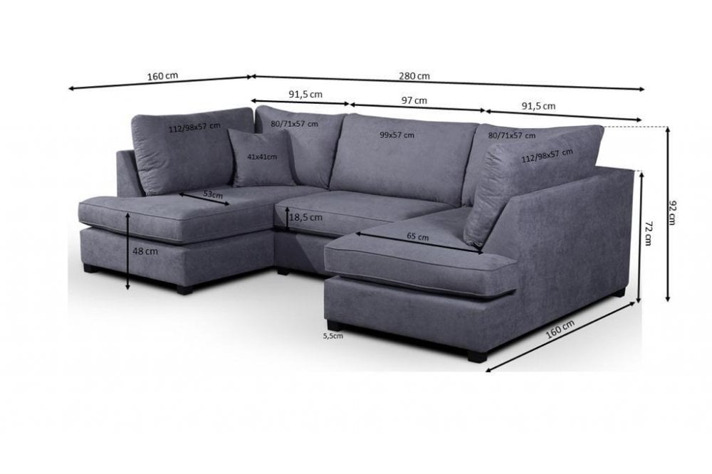 Emilia Grey Fabric U Shape High Back Corner Sofa + Footstool