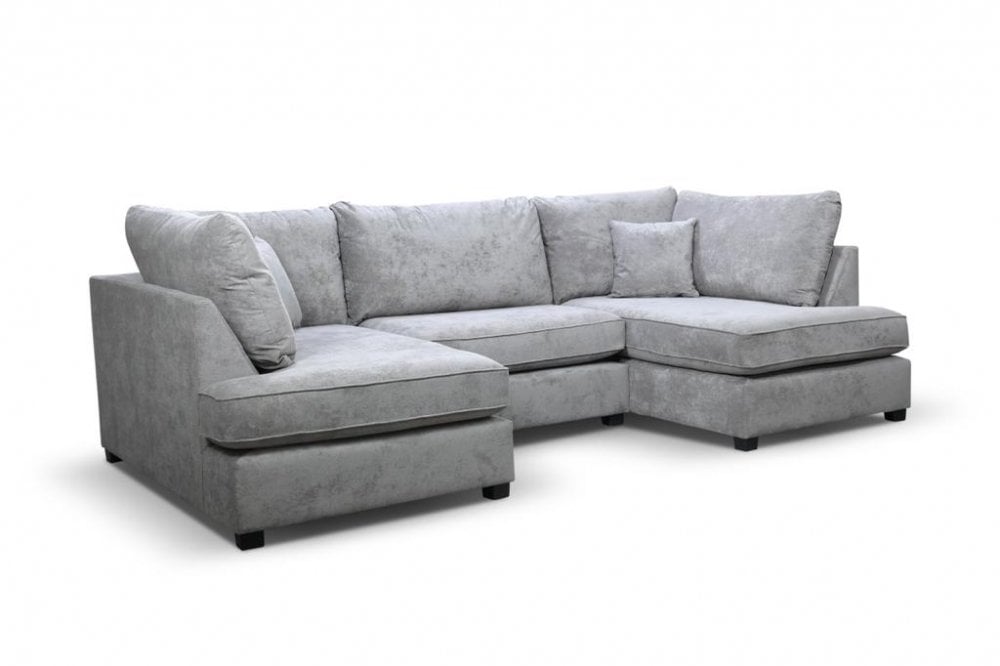 Emilia Grey Fabric U Shape High Back Corner Sofa + Footstool