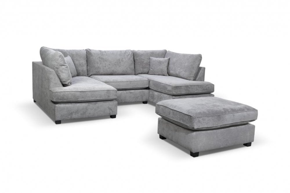 Emilia Grey Fabric U Shape High Back Corner Sofa + Footstool