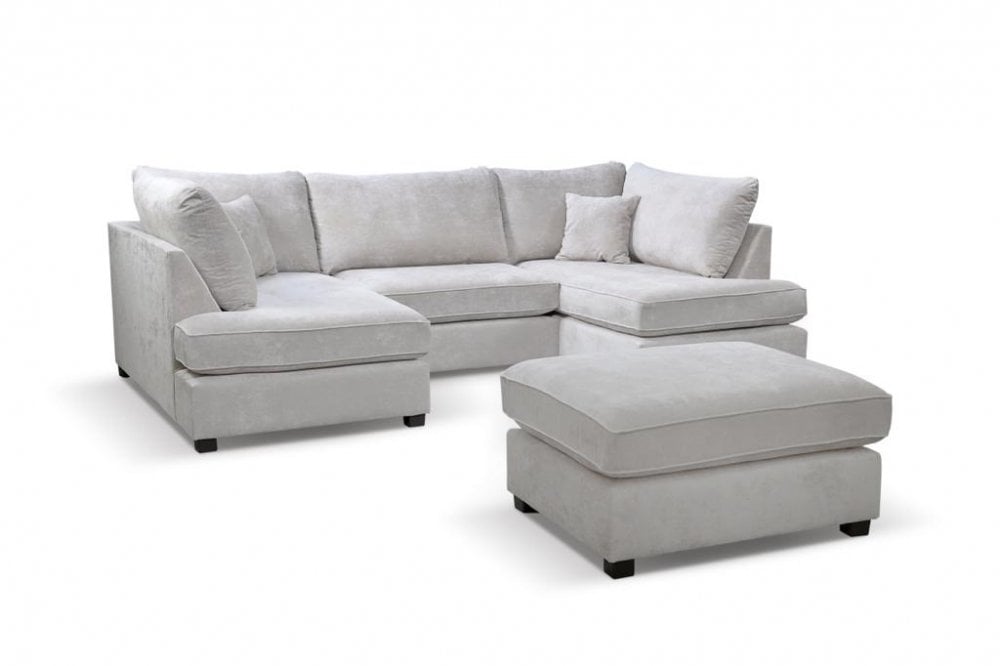 Emilia Silver  Fabric U Shape High Back Corner Sofa + Footstool