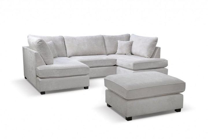Emilia Silver  Fabric U Shape High Back Corner Sofa + Footstool