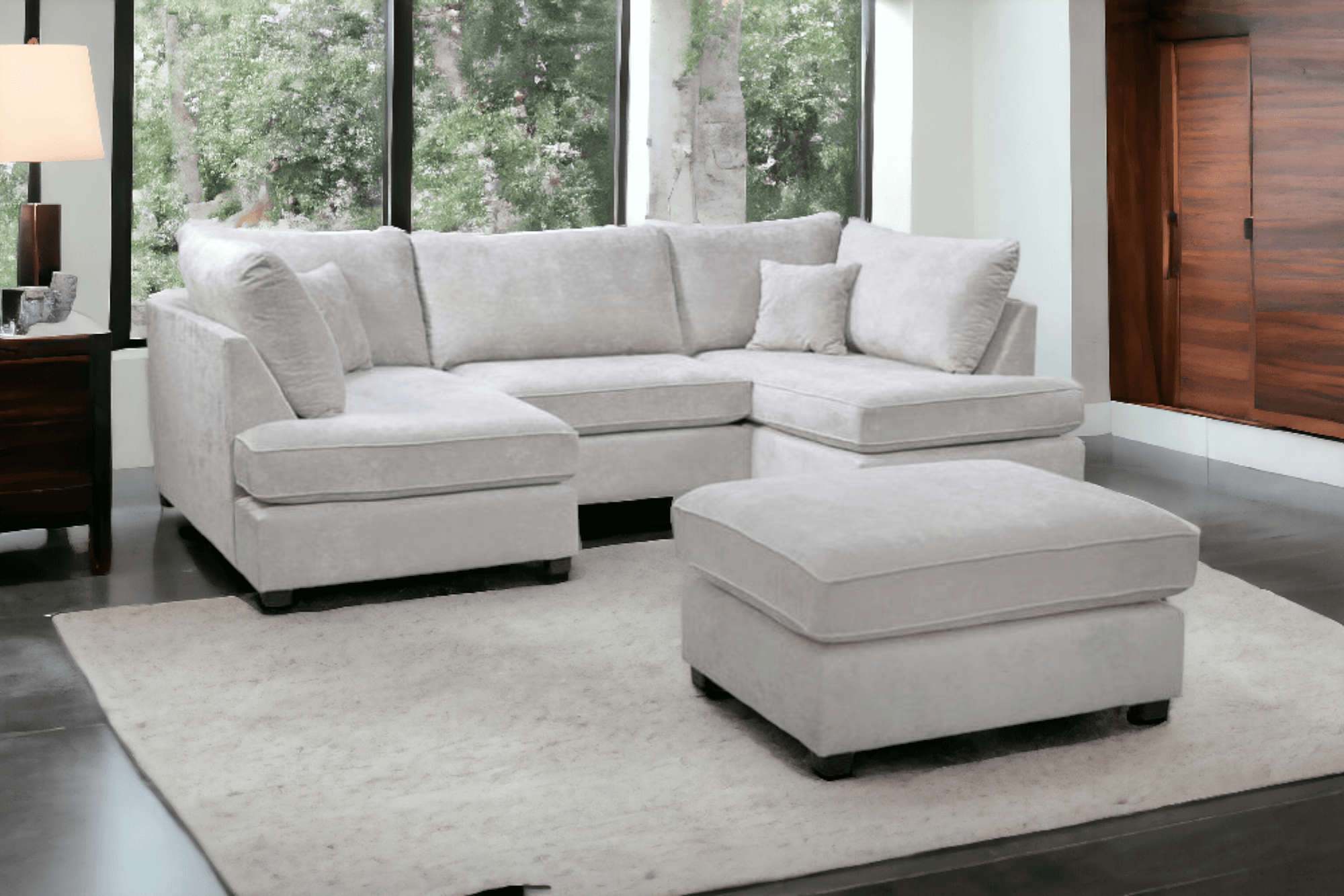 Emilia Silver  Fabric U Shape High Back Corner Sofa + Footstool