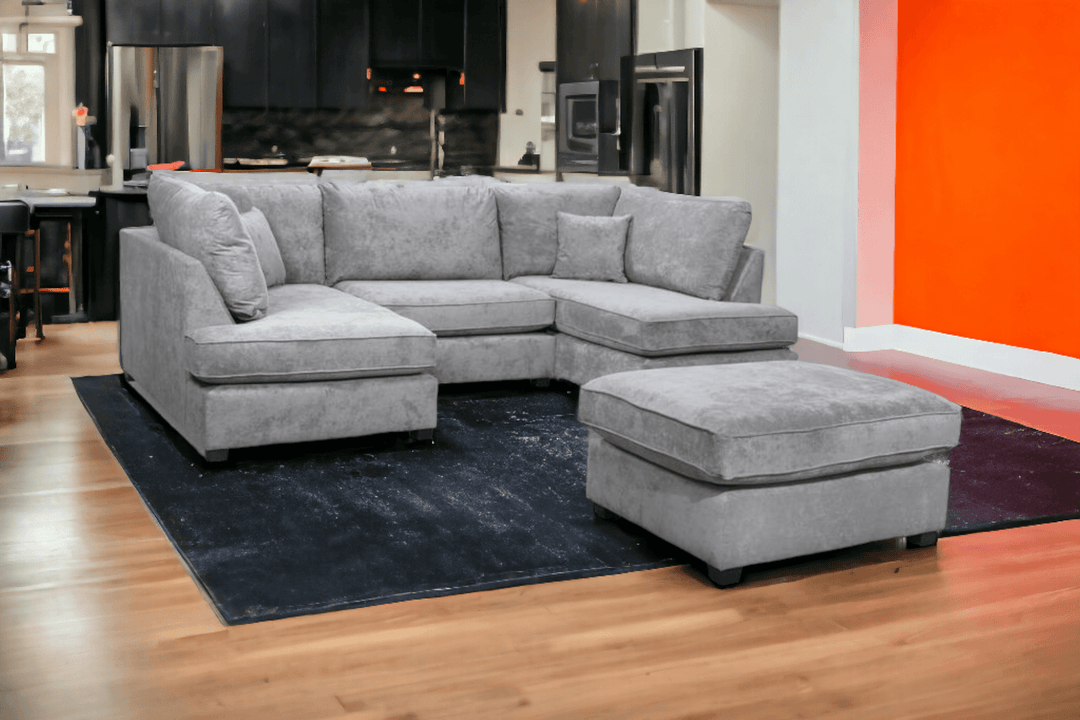 Emilia Grey Fabric U Shape High Back Corner Sofa + Footstool